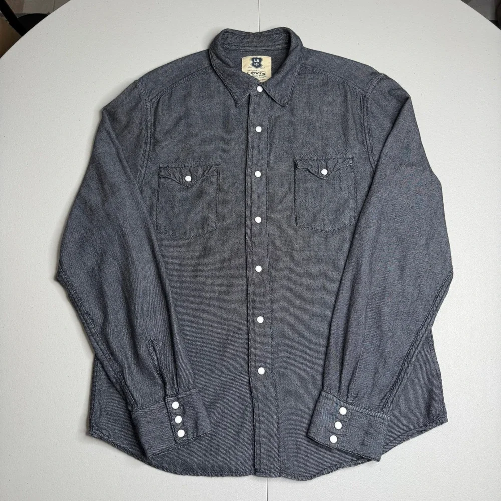 Levis Mens Large Dark Gray Pearl Snap Western Shirt Long Sleeve Cotton